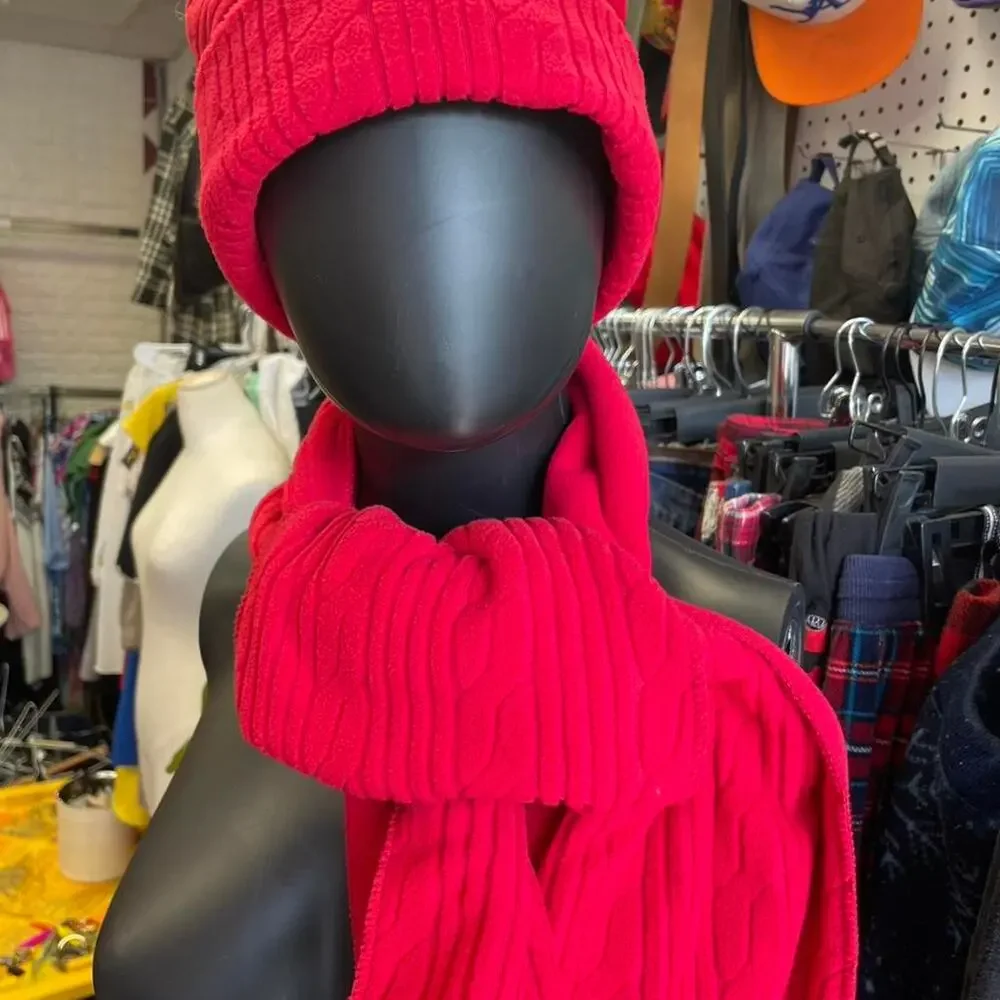 Red fleece scarf and beanie